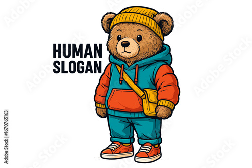 Cute bear character wearing colorful clothes and a backpack stands confidently with a slogan that promotes positivity and self-expression