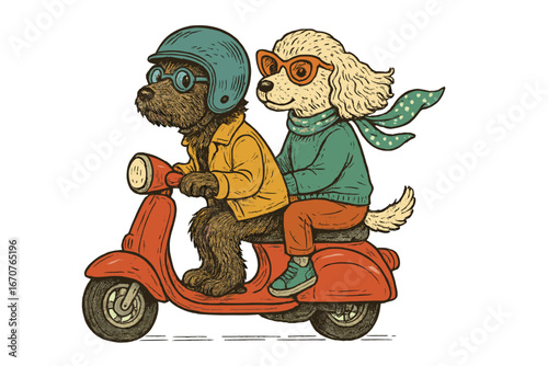 Two cartoon dogs riding a scooter through a sunny park on a cheerful day