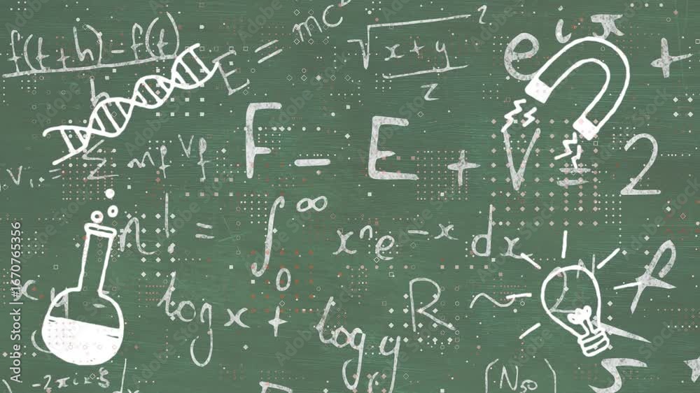 Green chalkboard showing math and icons fading after one sec while glitch dots pulsing for science Green chalkboard showing math and icons fading after one sec while glitch dots pulsing for science
