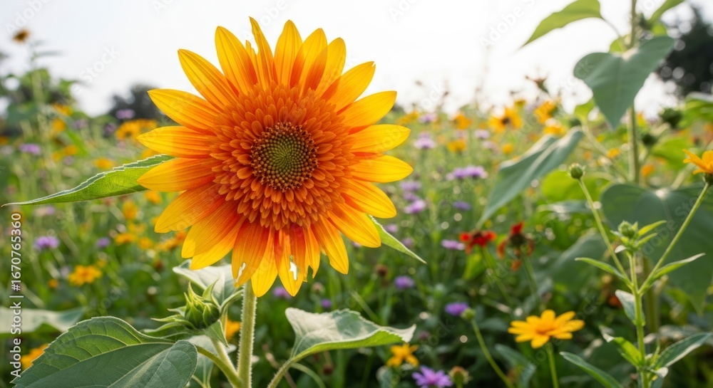 Obraz premium A vibrant orange-yellow sunflower stands out amidst a field of wildflowers, showcasing a beautiful array of colors and textures.