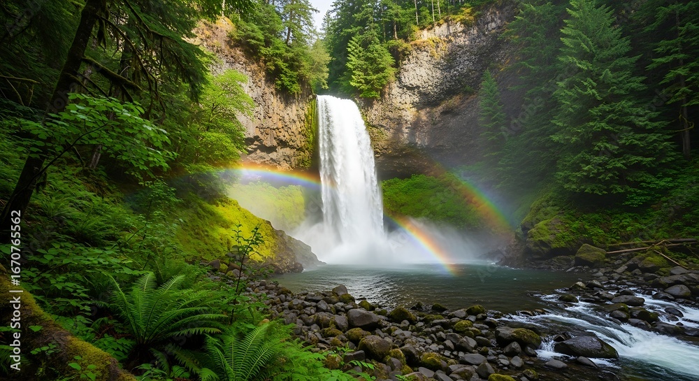 Fototapeta premium Spectacular waterfall in a vibrant green forest with a rainbow.