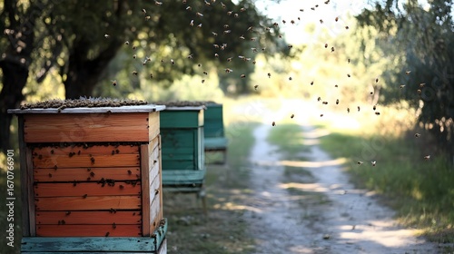 Honeybees Swarm Flying Near Wooden Beehives in Nature