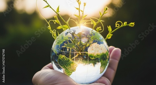 Cradling a Luminous Earth Globe as Green Vines Sprout Towards the Sun