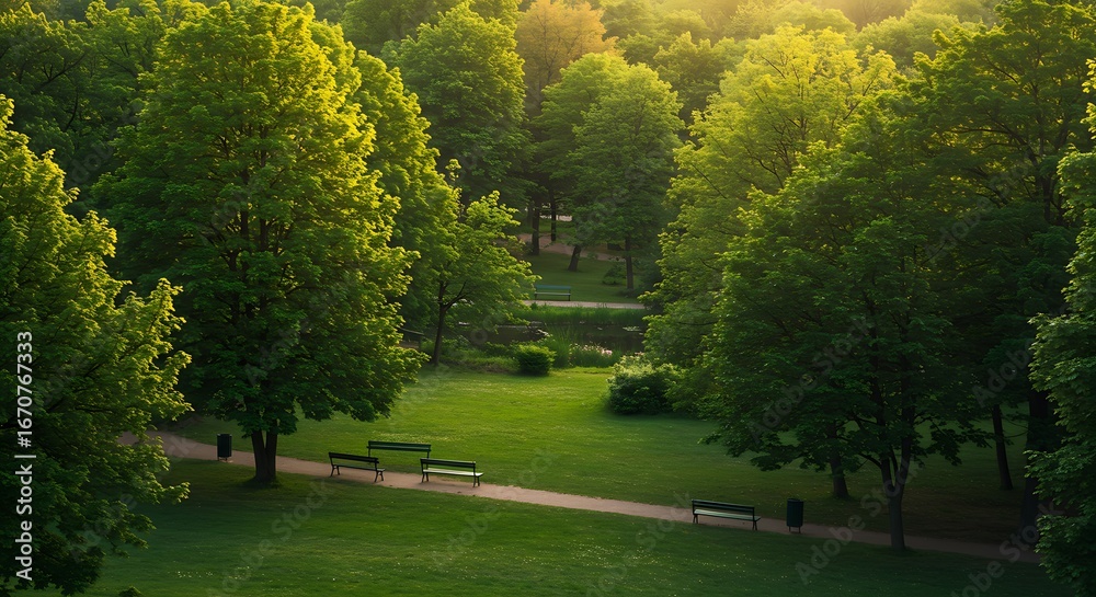 Obraz premium Verdant tranquility sunlight streams through the trees in this park landscape beckoning peaceful