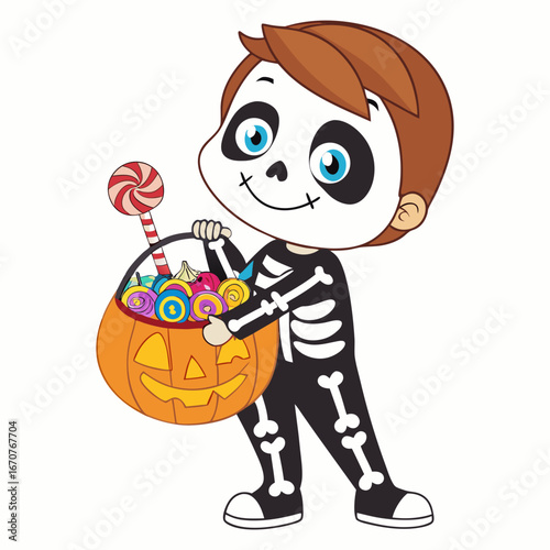Cute Boy in Skeleton Costume with Pumpkin Candy Bucket Halloween Vector Illustration
