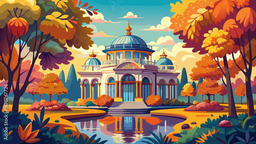 Colorful morning view of Kiralydombi Pavilon in Kastelypark, Royal Palace of Godollo park. Colorful autumn scene Hungary botanical garden, Europe. Beauty of nature concept 