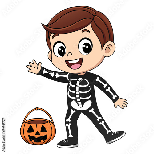 Happy Boy in Skeleton Costume with Pumpkin Bucket Halloween Vector Illustration