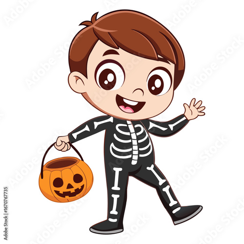 Happy Boy in Skeleton Costume with Pumpkin Basket Halloween Vector