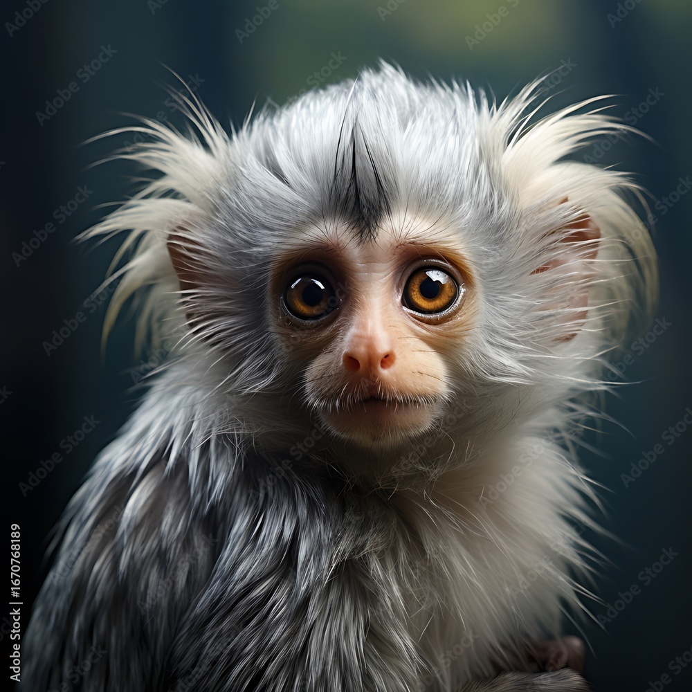 Fototapeta premium Portrait of a cute white haired marmoset monkey with big eyes looking at the camera closeup shot animal