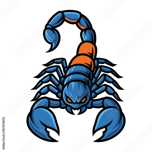 Blue Scorpion Illustration: A striking illustration of a blue scorpion, a formidable arachnid, showcases its intimidating claws, stinger, and an intense gaze against a stark background.