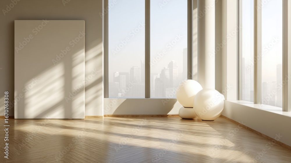 Fototapeta premium Minimalist Interior Design Showcasing a Spacious Room With Modern Decor, Large Windows, and City Skyline View in Early Morning Light