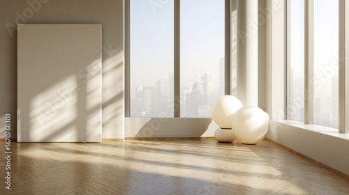 Minimalist Interior Design Showcasing a Spacious Room With Modern Decor, Large Windows, and City Skyline View in Early Morning Light