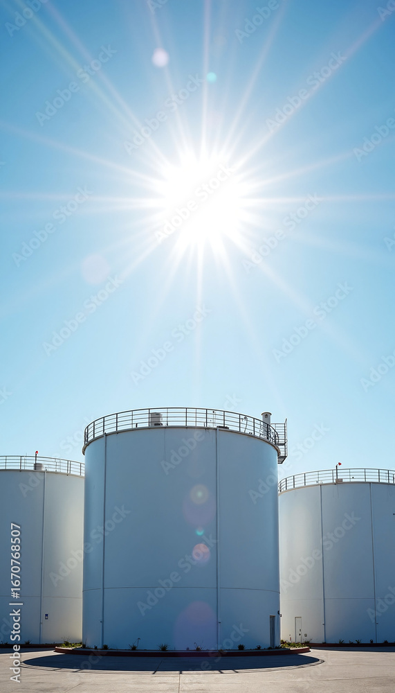Large white storage tanks under bright sun. Industrial storage facility with three cylindrical tanks. Modern industrial design for energy storage and urban communication systems. Large white storage tanks under bright sun. Industrial storage facility with three cylindrical tanks. Modern industrial design for energy storage and urban communication systems.
