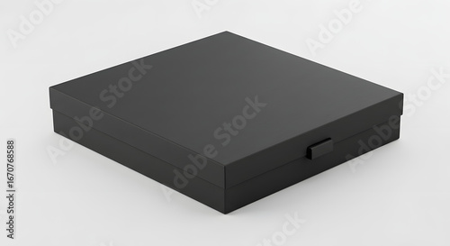 Matte black cardboard gift box with magnetic closure, perspective view, white background, luxury mockup