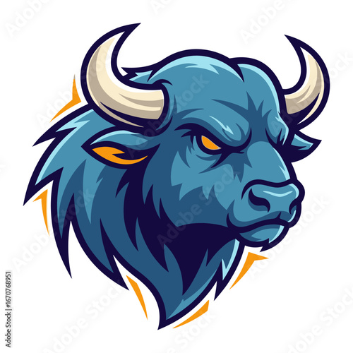 Aggressive Bull Mascot: A bold bull mascot, its expression exudes determination and power, rendered in vibrant shades of blue and yellow, embodying strength and resilience in the digital age.