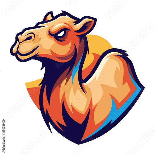 Desert Sentinel: A stylized illustration of a regal camel, its gaze fixed forward. The design is a blend of sharp lines and vibrant colors, evoking a sense of strength and determination.
