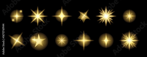 Star sparkle shapes, gold sparkle stars icons set, shine effect blink twinkle, sunburst star beam shapes glowing lens flare, curve glass lens, spotlight explosion vortex ray isolated success symbols