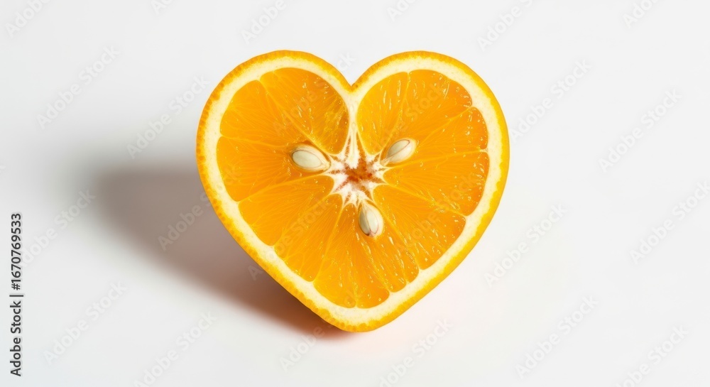 Fototapeta premium A Fresh Citrus Heart: Juicy Orange Slice Shaped for Love on a Minimalist White Background.