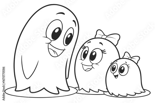  black and white cartoon image of a family of ghosts. The largest ghost, presumably the father
