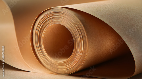 Close-up macro view of a smooth rolled brown kraft paper sheet with elegant curled edge