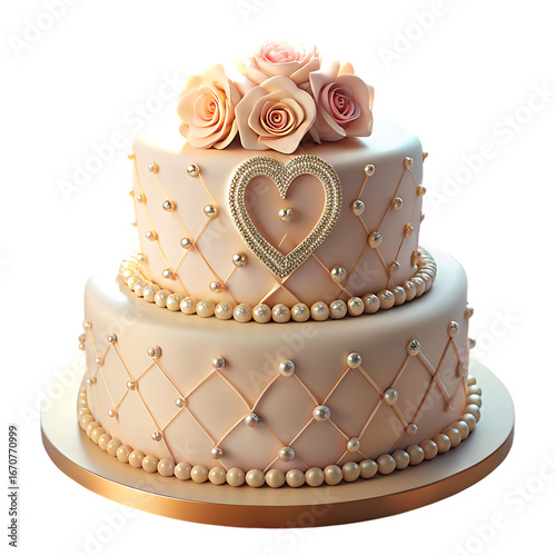 Elegant two tier wedding cake adorned with roses and heart decoration isolated on white background