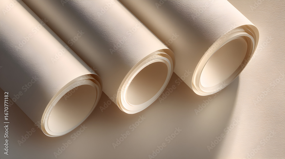 Fototapeta premium Close-up Abstract Composition of Three Rolled Textured Cream Paper Sheets Casting Soft Shadows