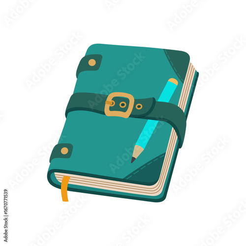 Closed notepad with strap closure and pencil. Notebook, daily planner, diary. Office and school stationery. Hand drawn vector illustration isolated on white background, flat cartoon style.