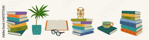 Set of books stacks, potted plant, alarm clock, mug, desk lamp. Education, library, exam, book shop. Hand drawn vector illustration isolated on white background, modern flat cartoon style