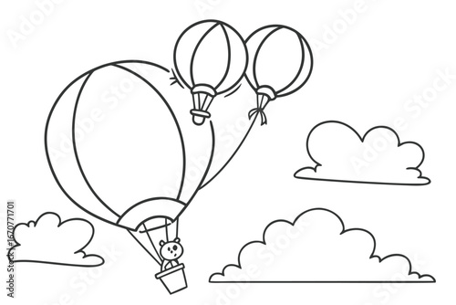  black and white line drawing of two hot air balloons floating in a cloudy sky
