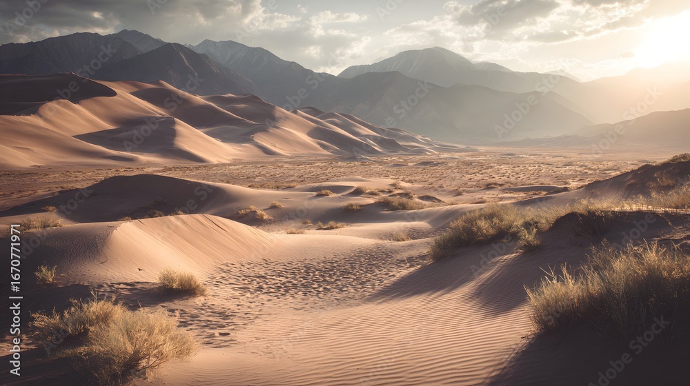 Fototapeta premium Golden hour light bathes the vast expanse of desert dunes, stretching towards a backdrop of majestic mountains.