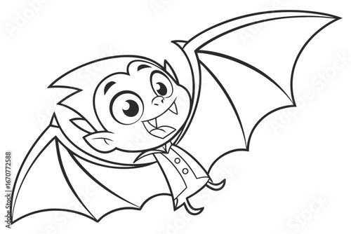  black and white cartoon illustration of a cute, young vampire bat in flight. It has large, round eyes, a wide smile with tiny fangs