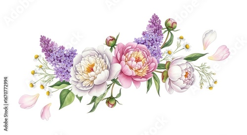 A vibrant floral arrangement features delicate peonies, lilacs, and wildflowers, creating a beautiful and elegant design.