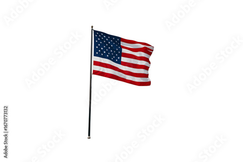 the american flag, waving in the air, showcasing its design and features, with the red and white stripes and a detailed representation, its characteristics, no background.