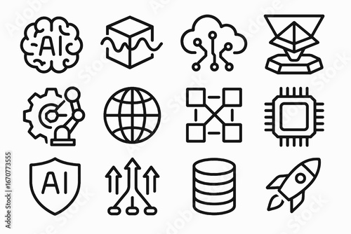Set of 12 black AI and quantum technology icons in flat vector style with white background, perfect for digital apps, computing research, and innovation tools.