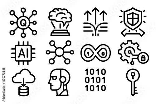 Collection of 12 black quantum computing and innovation icons in flat vector style with white background, ideal for AI design, research, and cyberspace apps.