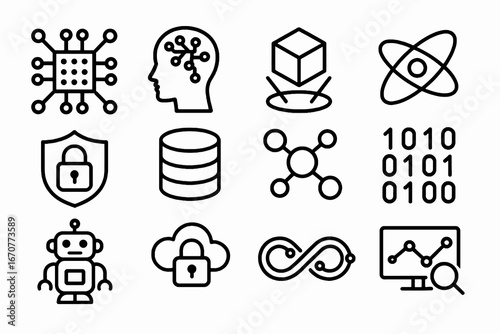 Set of 12 black quantum computing and AI icons in flat vector style with white background, perfect for tech apps, innovation platforms, and research tools.