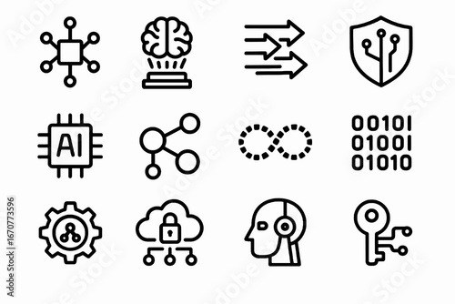Set of 12 black quantum technology and AI icons in flat vector style with white background, perfect for computing platforms, innovation apps, and tech research.