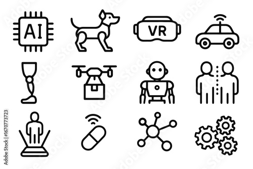 Collection of 12 black future technology icons in flat vector style with white background, ideal for AI apps, research projects, and robotics design.