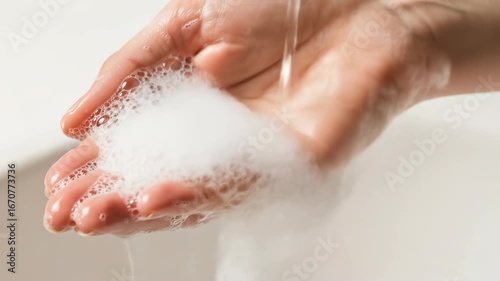 Hand being washed with soap and water for hygiene cleanliness