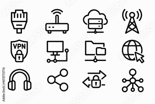 Collection of 12 black technology and connection icons in flat vector style with white background, ideal for apps, network tools, and internet platforms.