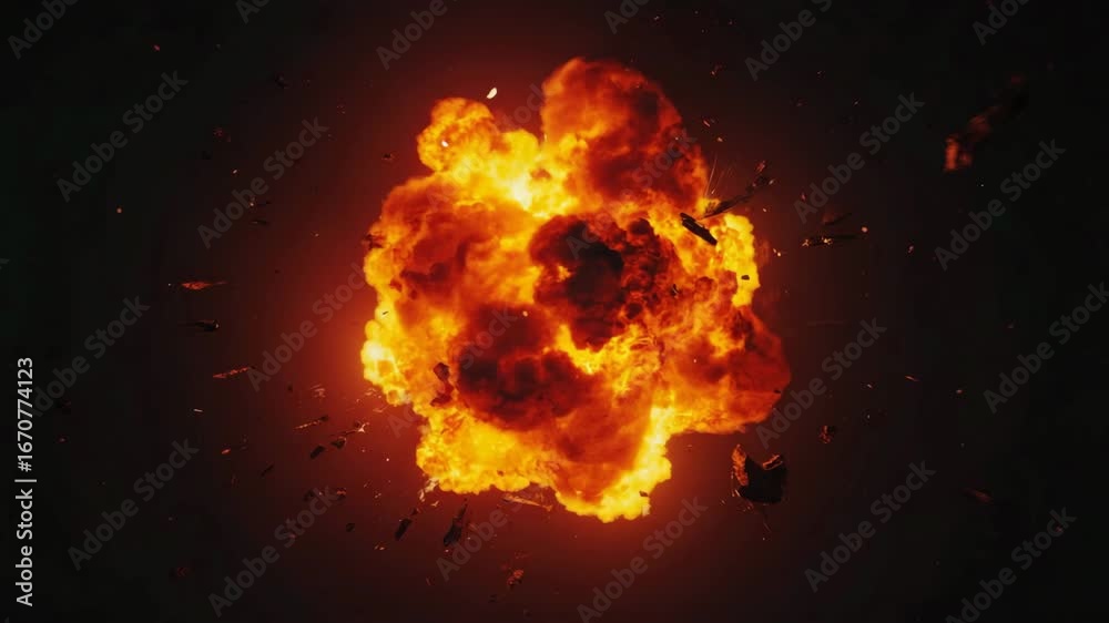 Realistic explosion expanding with debris on black background