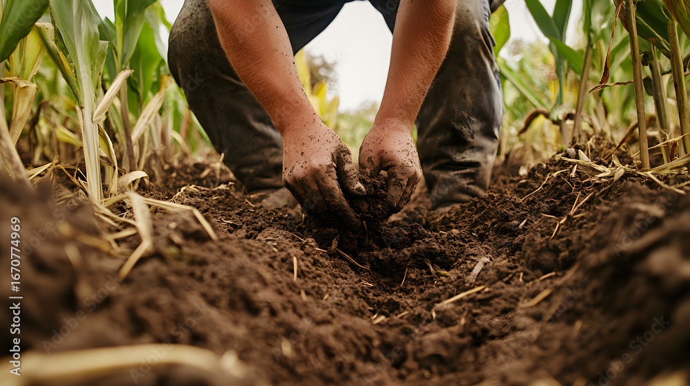 Fototapeta premium Farmer's hands holding soil in a cornfield. Agriculture and farming close up.