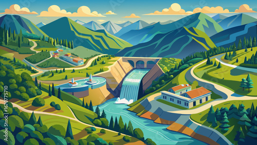 Aerial view of a picturesque landscape showcasing the Morava river meandering through Ovcar Kablar mountains, with a hydroelectric dam in Serbia