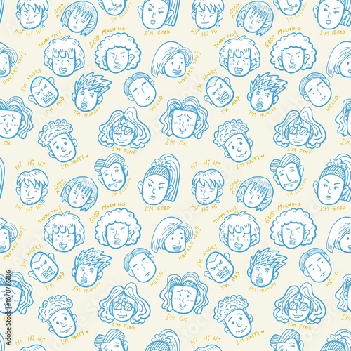 Doodle people faces and emotions word hand drawn color background illustration seamless