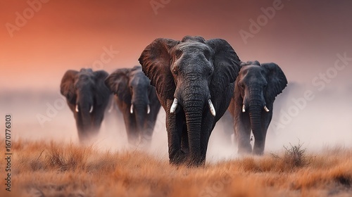 Majestic elephants stride through dusty savanna at sunset, powerful presence and natural beauty captured
