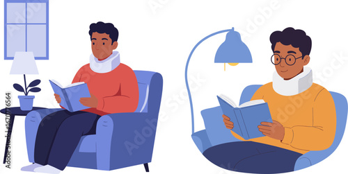 Young man reading a book in cozy living room with warm lighting  