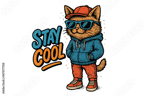 Cool cat wearing sunglasses and a hoodie is ready for an urban adventure in a vibrant street setting during summer