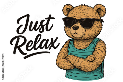 Relaxing bear character wearing sunglasses and a tank top enjoys a laid-back attitude in a playful design