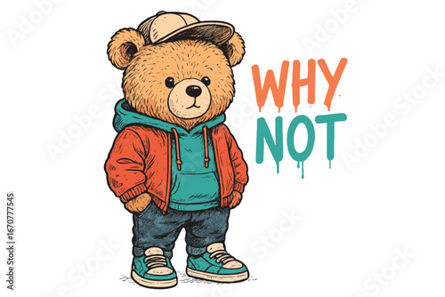 Cute bear character wearing a cap and jacket poses confidently in colorful urban style