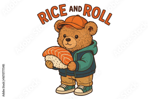 Cute bear character holds sushi roll wearing a cap in casual outfit with playful design suitable for children?s products